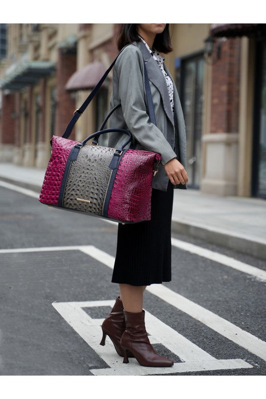 Faux Crocodile-Embossed Duffle Bag