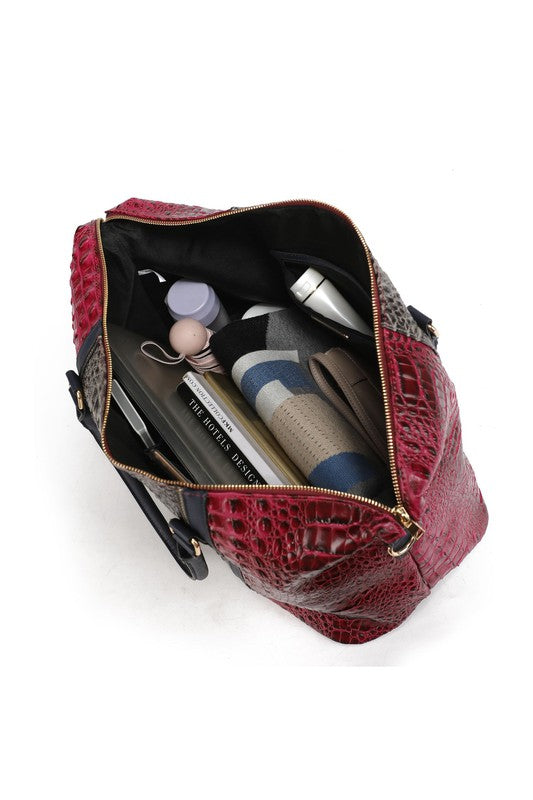 Faux Crocodile-Embossed Duffle Bag