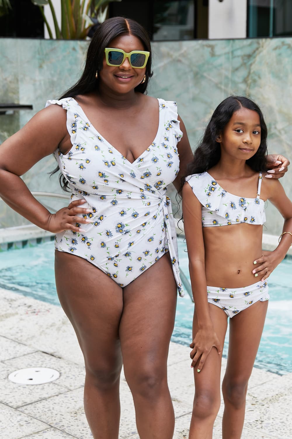 Swim Float On Mommy & Me Ruffle Faux Wrap One-Piece in Daisy Cream