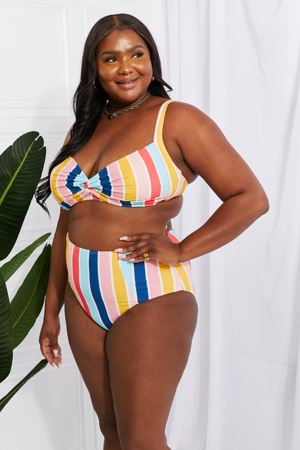 “Island Parties” Twist High-Rise Bikini in Stripe
