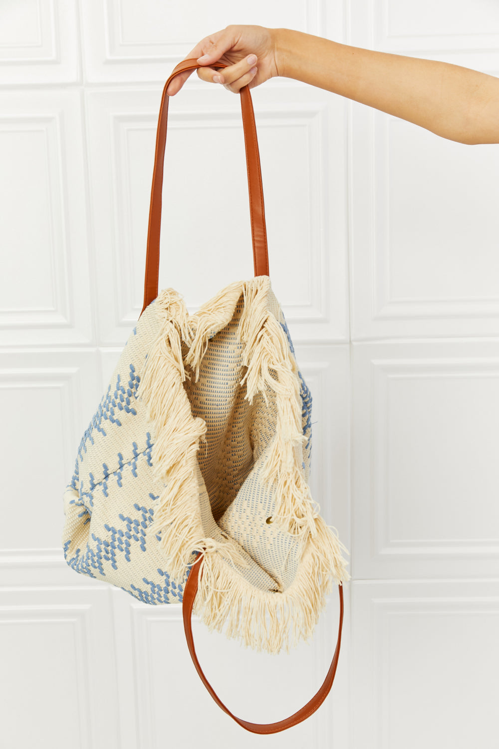 "Day Dreamer" Weaved Fringe Tote Bag in Blue