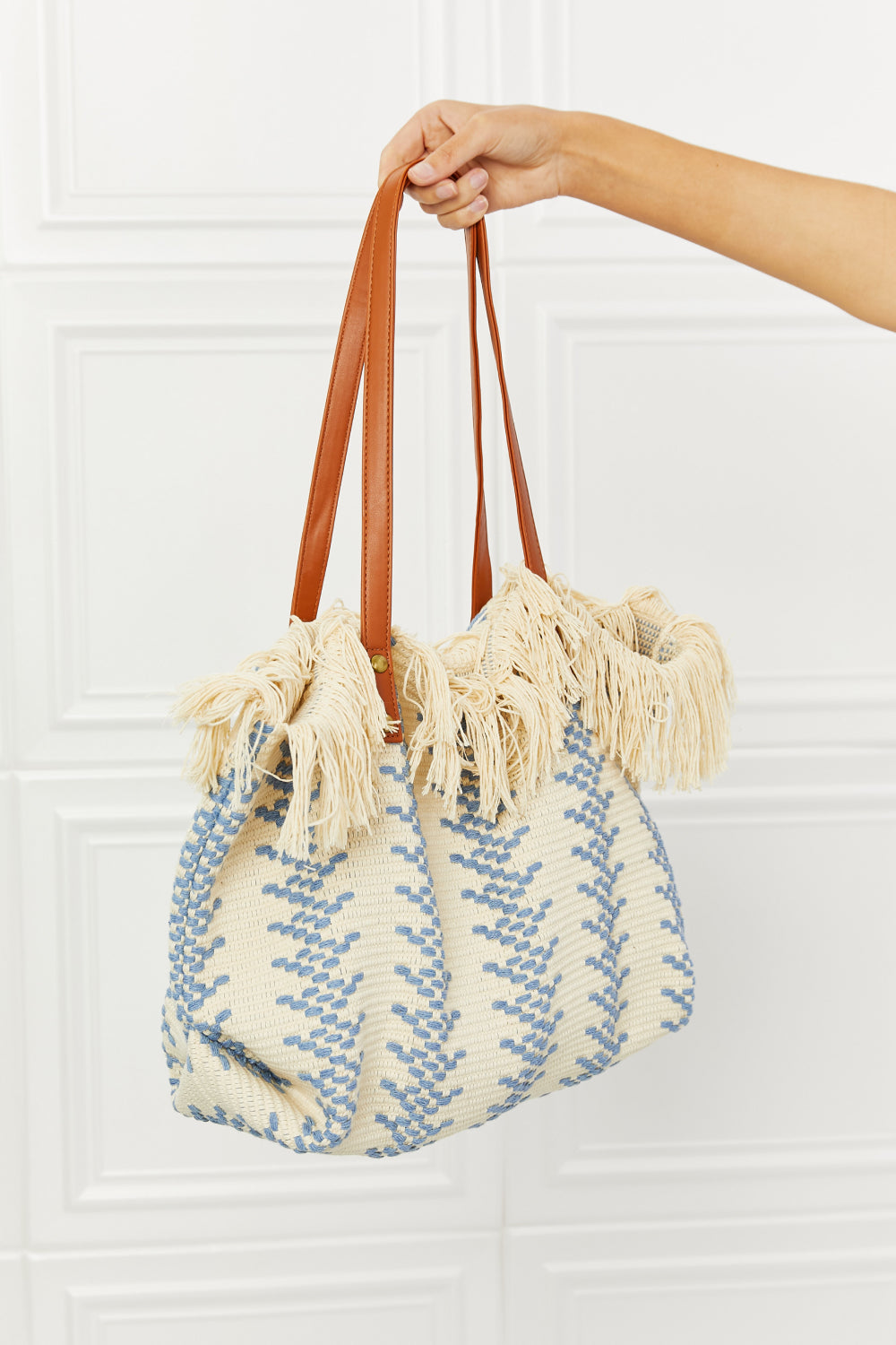 "Day Dreamer" Weaved Fringe Tote Bag in Blue