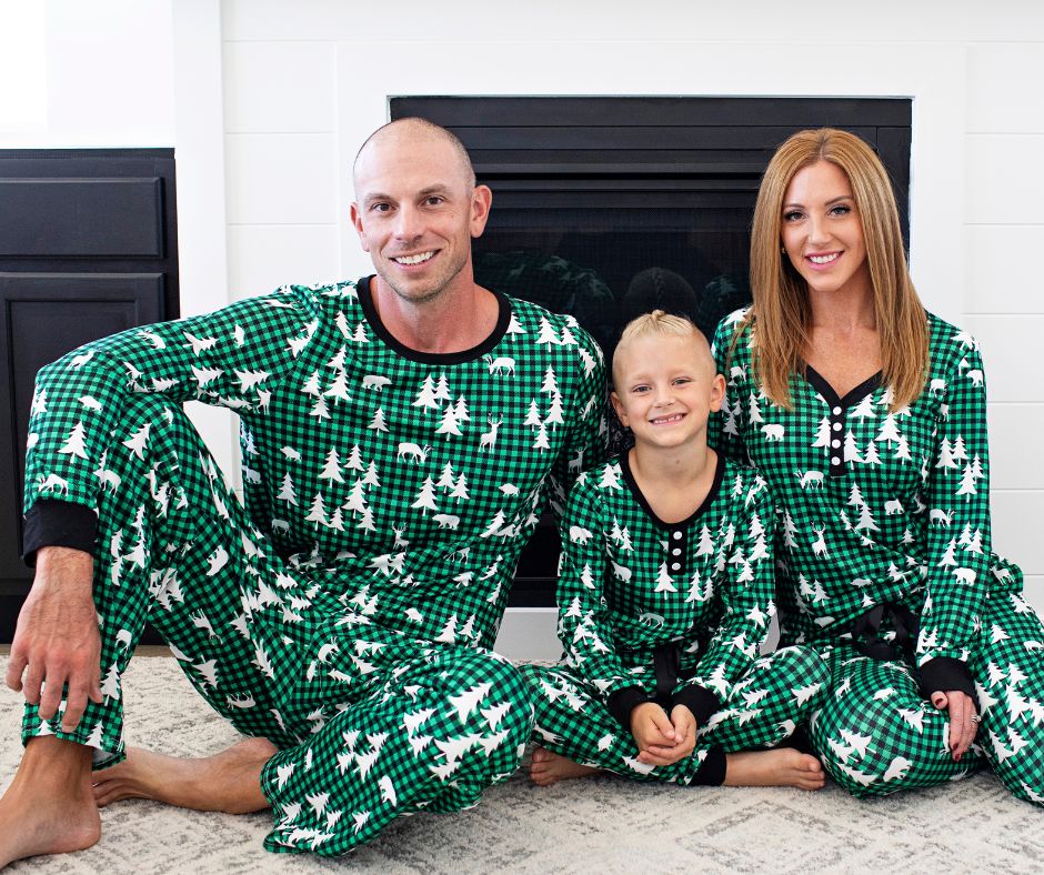 Matching Family Christmas Pajamas in Winter Forest