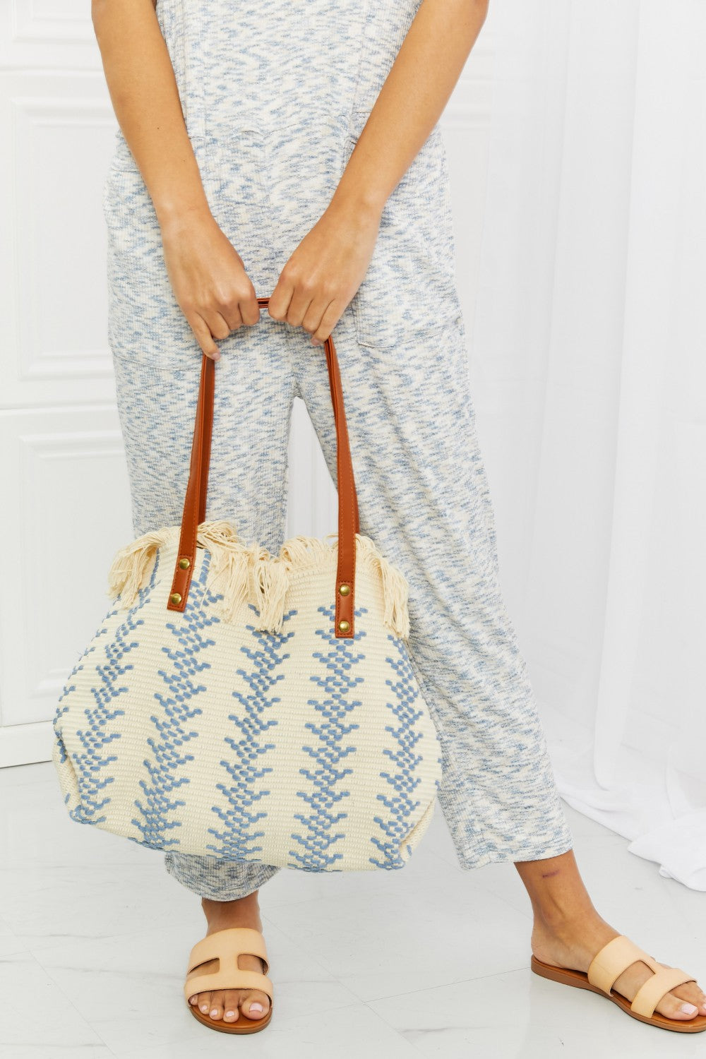 "Day Dreamer" Weaved Fringe Tote Bag in Blue