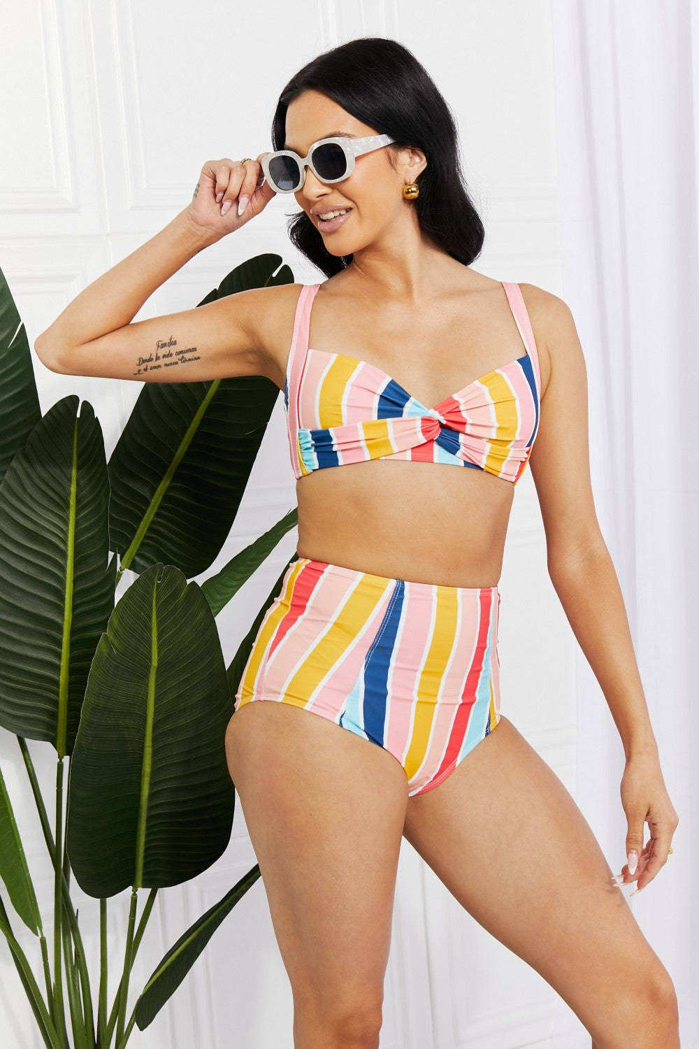 “Island Parties” Twist High-Rise Bikini in Stripe