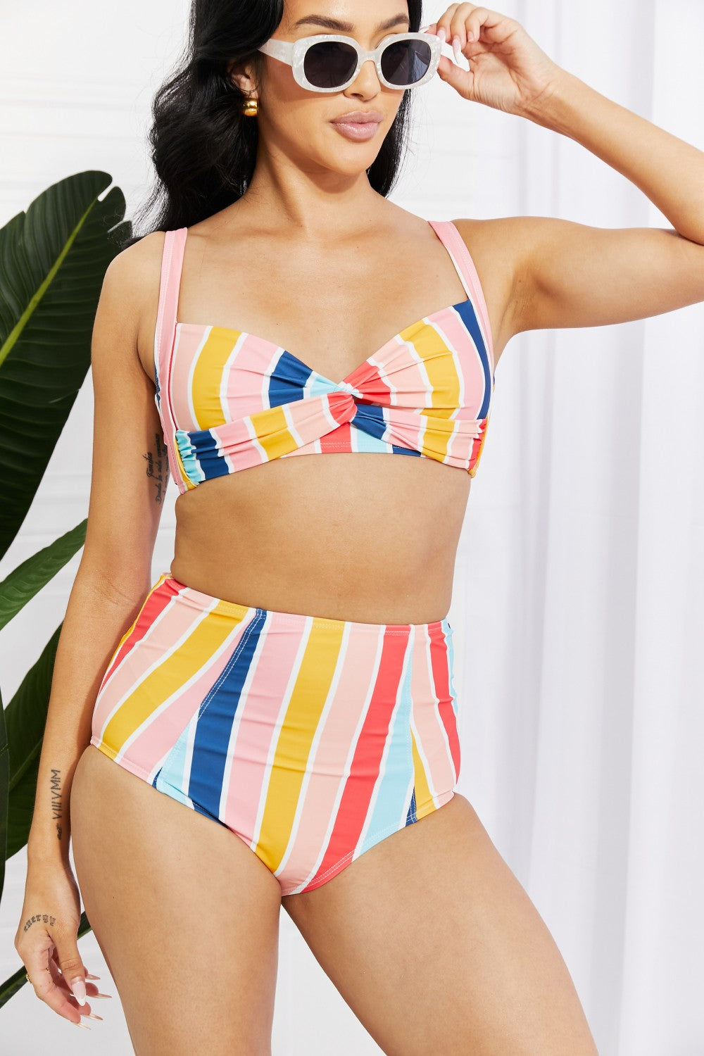 “Island Parties” Twist High-Rise Bikini in Stripe