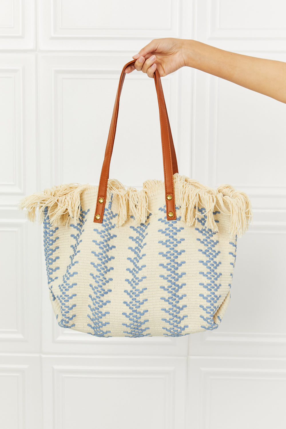 "Day Dreamer" Weaved Fringe Tote Bag in Blue