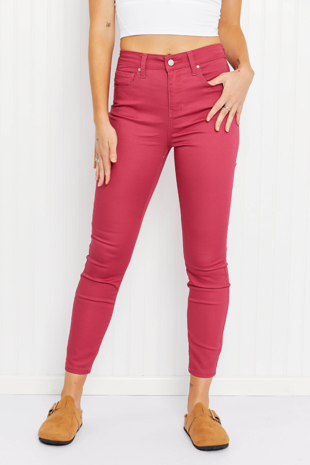 "Walk the Line" High Rise Skinny Jeans in Rose