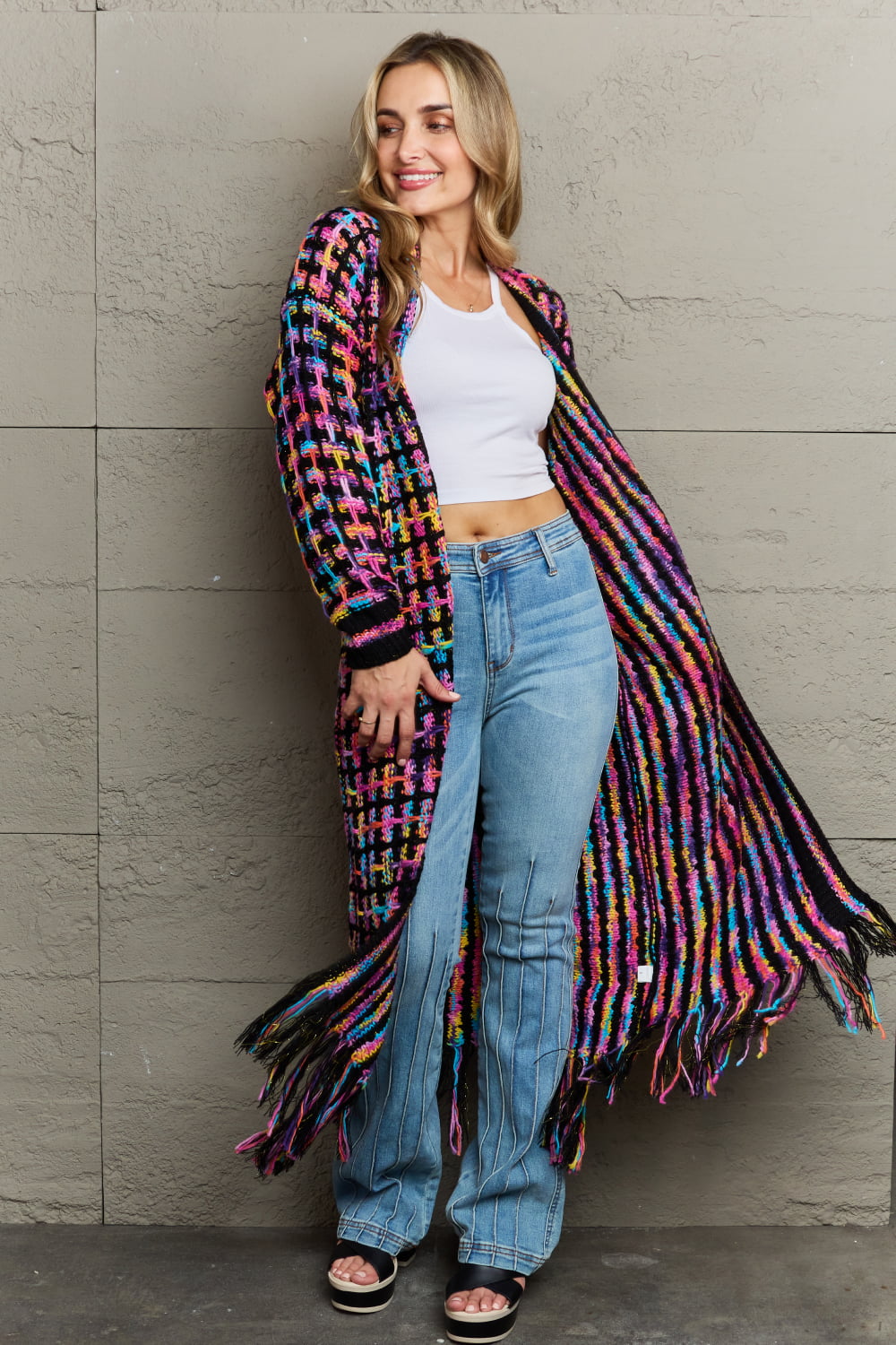 “Color Me Bad” Open Front Fringe Hem Cardigan