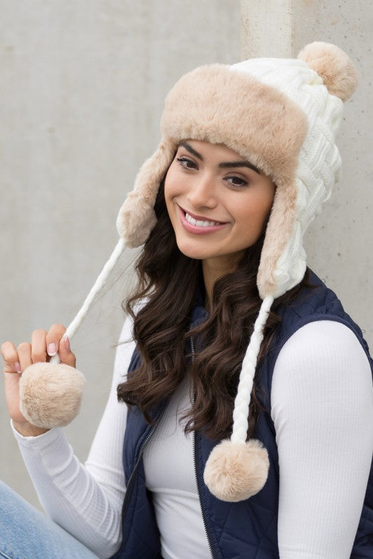 Cable Weave Pom Trapper Hat