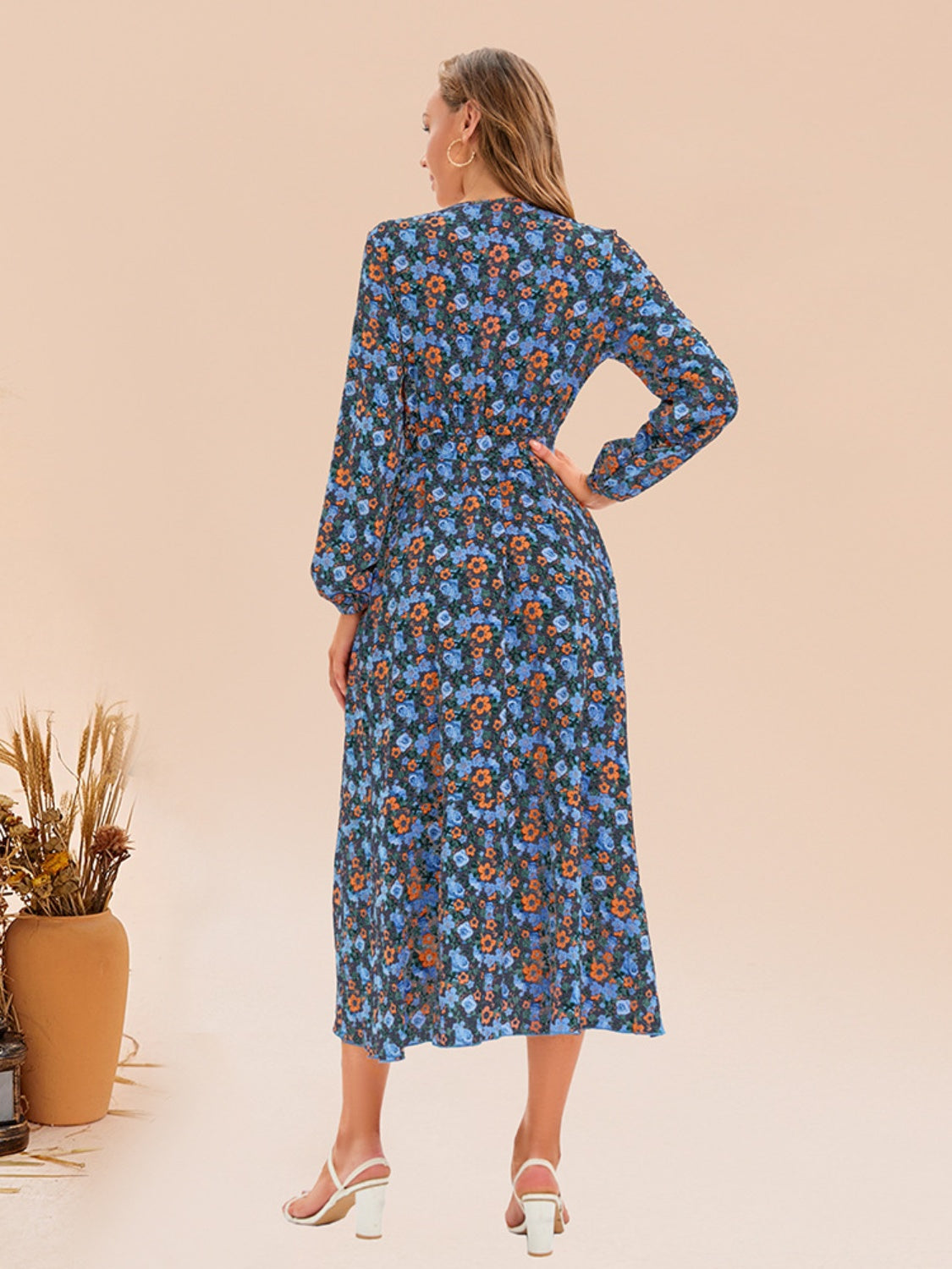 Full Size Printed Surplice Long Sleeve Dress