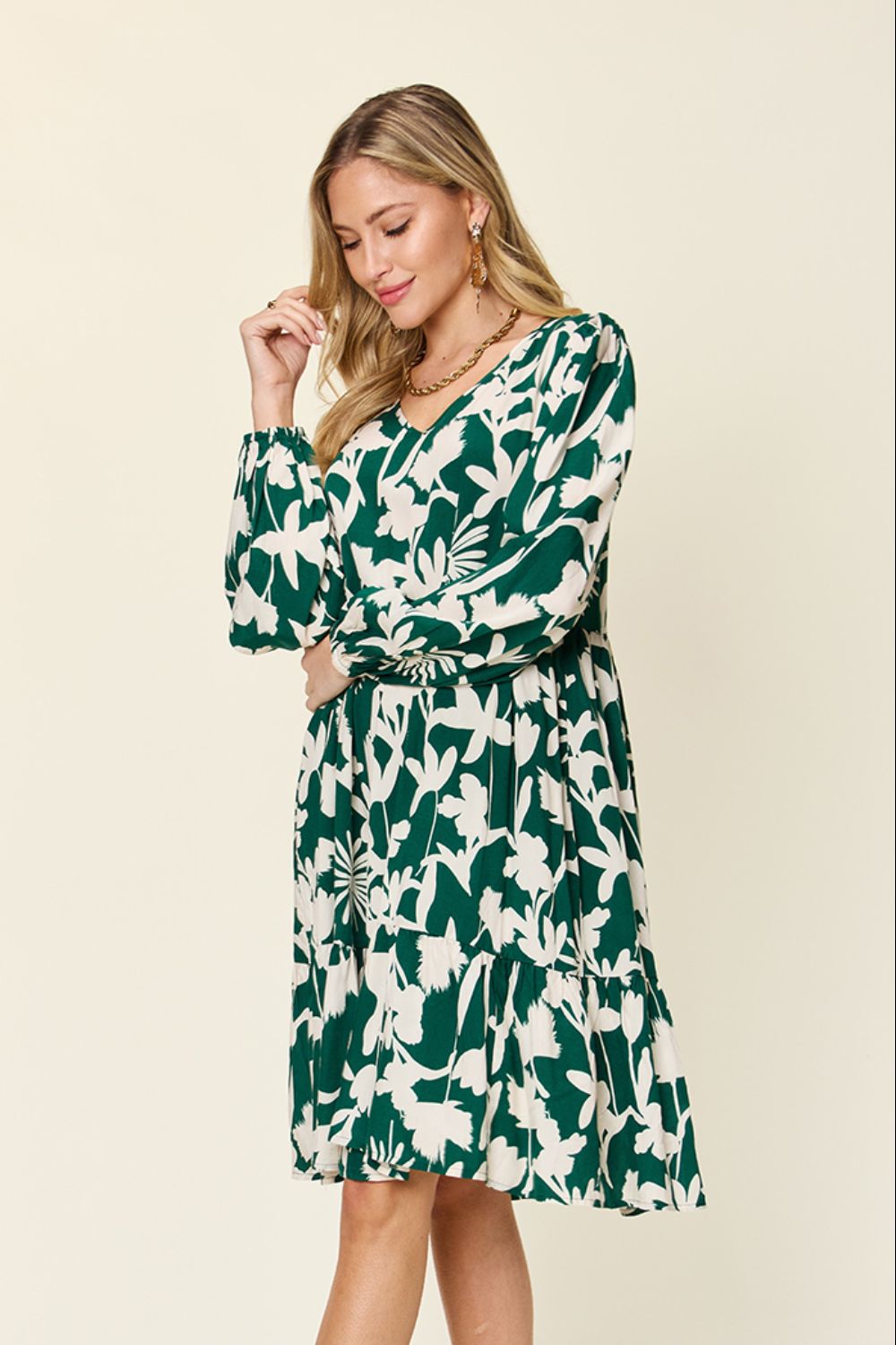 Double Take Full Size Printed Ruffle Hem Long Sleeve Dress