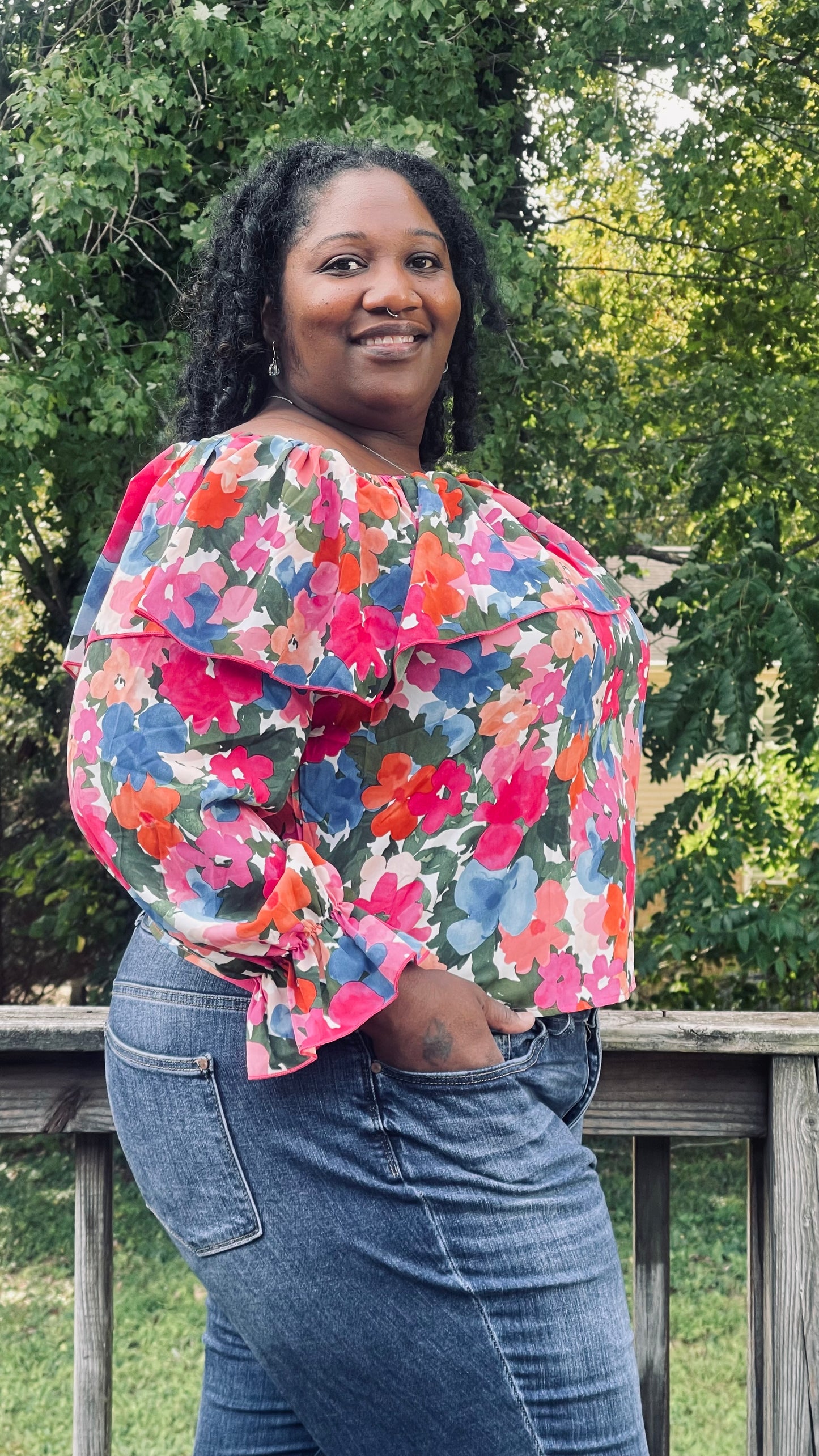 Floral Off-Shoulder Flounce Sleeve Layered Blouse