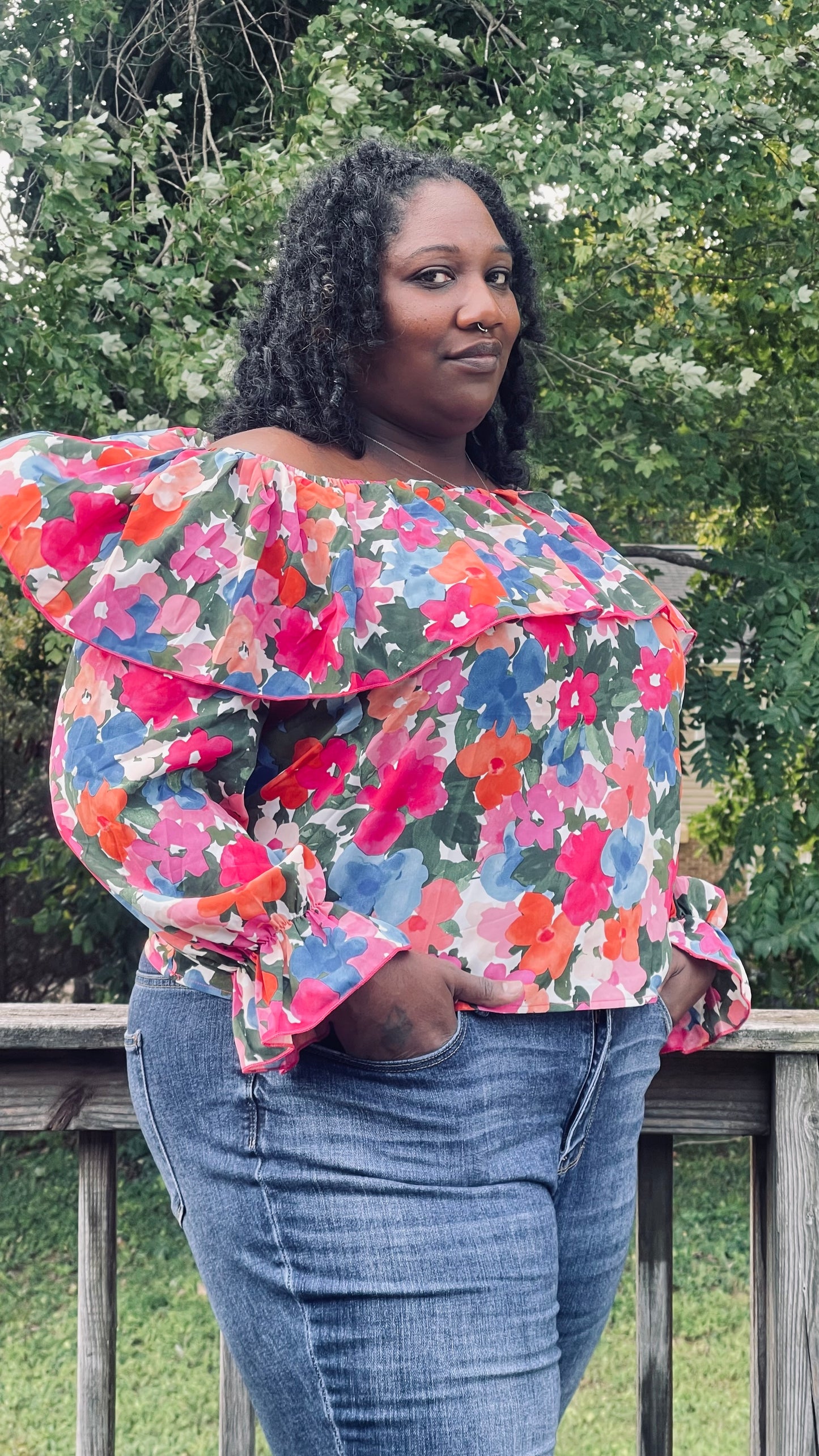 Floral Off-Shoulder Flounce Sleeve Layered Blouse