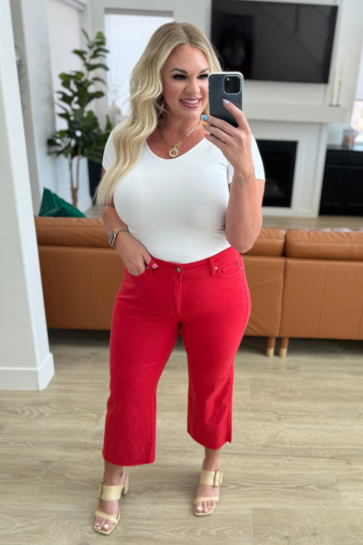 ‘Lisa’ Control Top Wide Leg Crop Jeans in Red