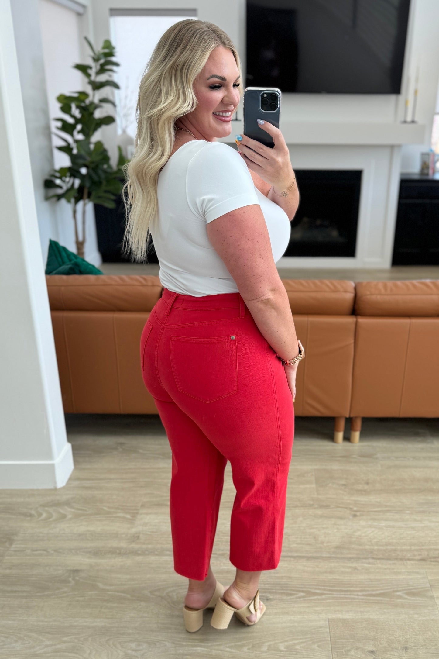 ‘Lisa’ Control Top Wide Leg Crop Jeans in Red