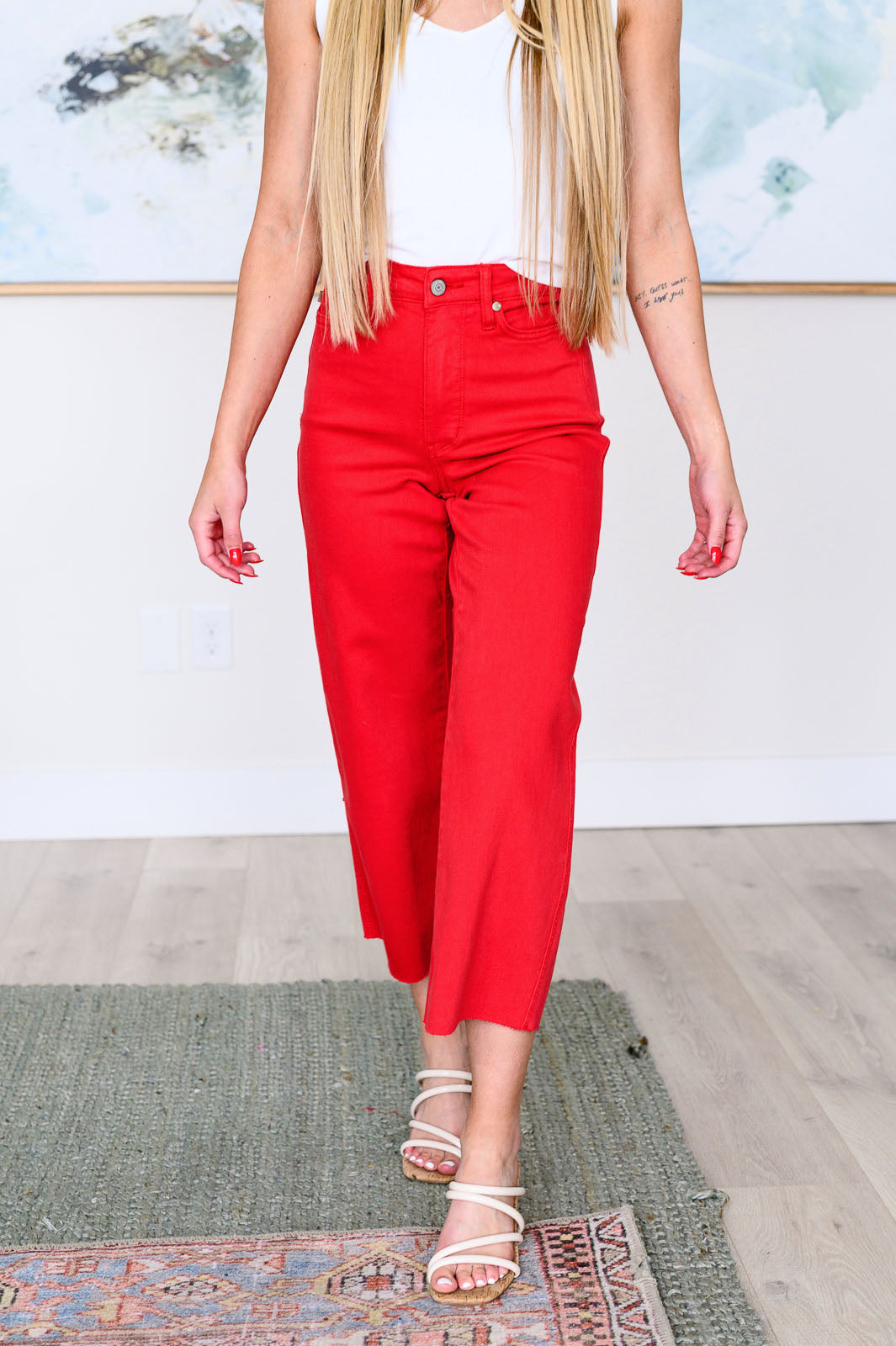 ‘Lisa’ Control Top Wide Leg Crop Jeans in Red