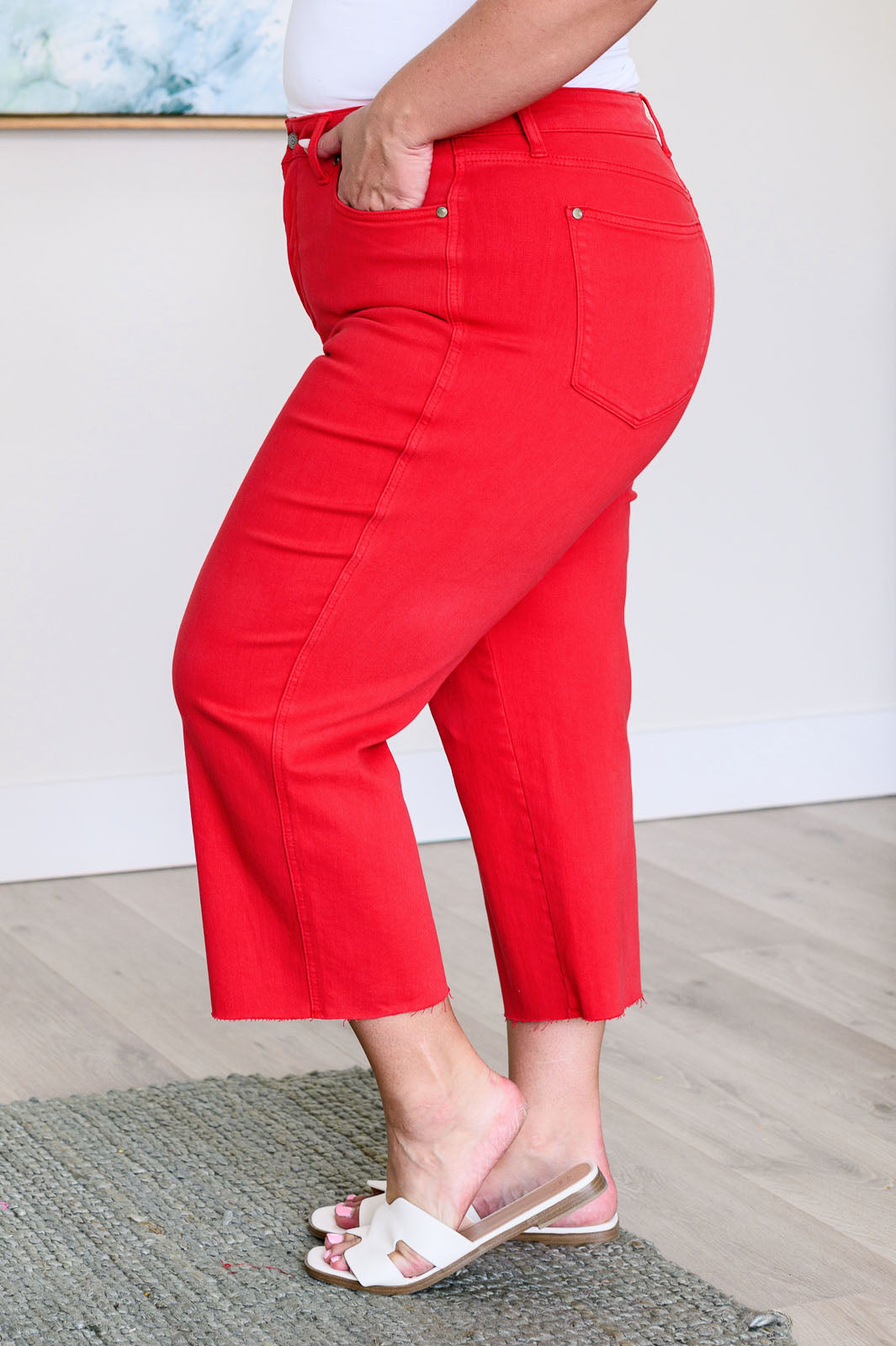 ‘Lisa’ Control Top Wide Leg Crop Jeans in Red