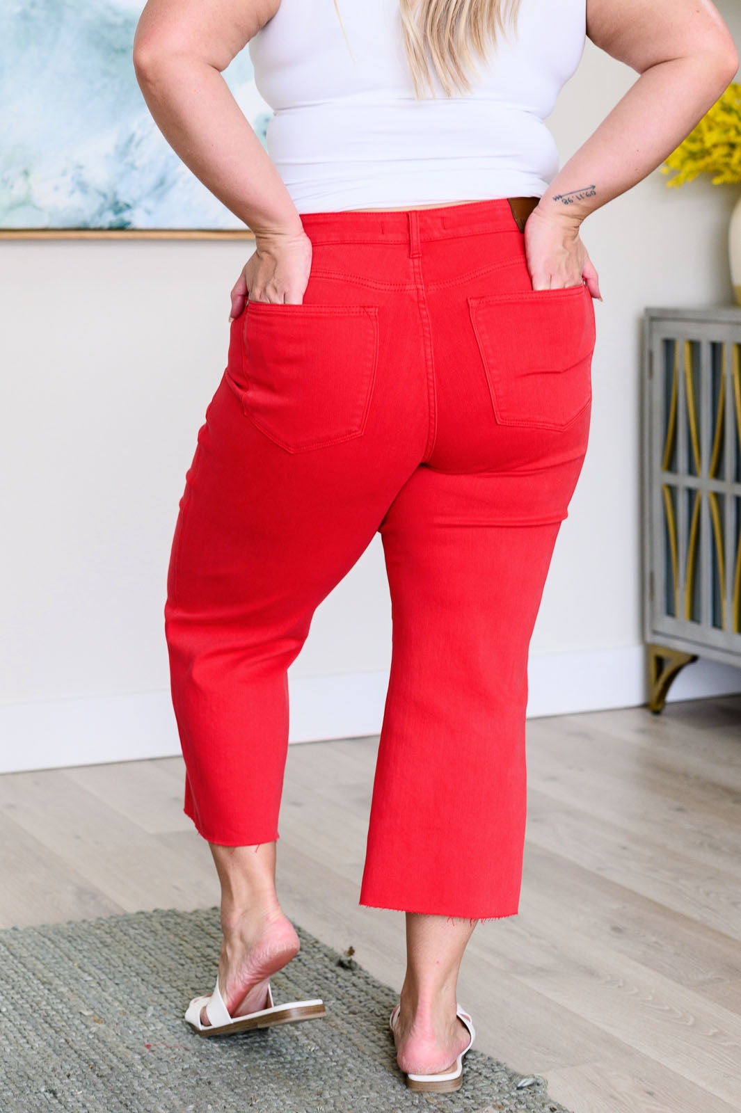 ‘Lisa’ Control Top Wide Leg Crop Jeans in Red