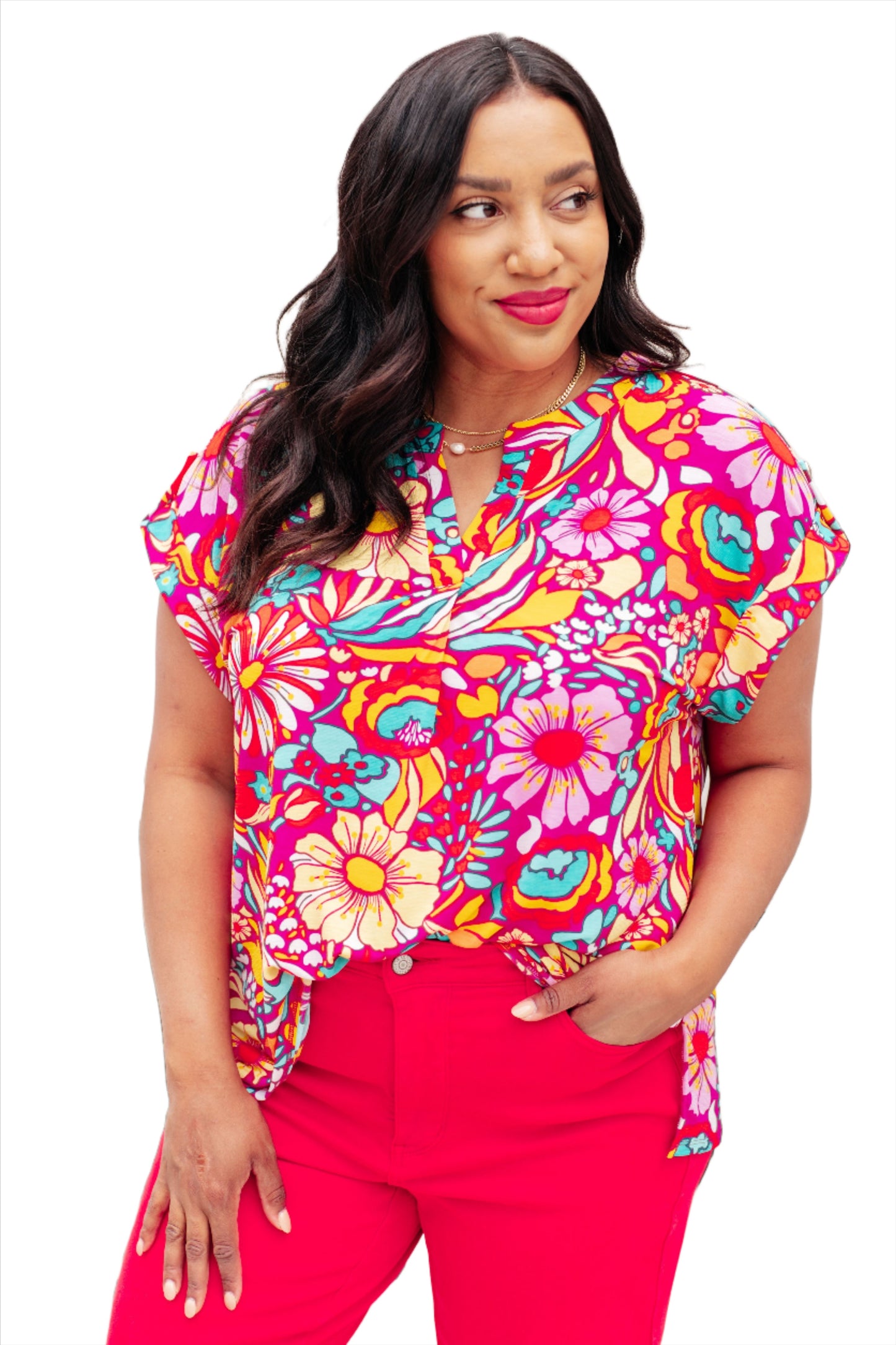 Lizzy Cap Sleeve Top Magenta and Pink Multi Floral