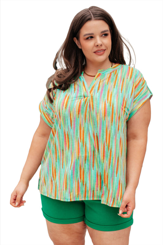 Lizzy Cap Sleeve Top in Lime and Emerald Multi Stripe