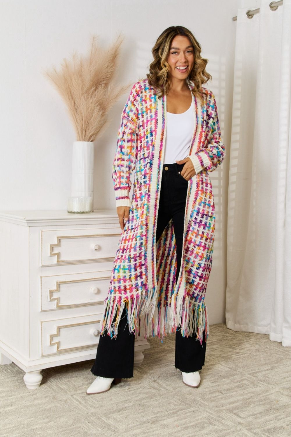 “Color Me Bad” Open Front Fringe Hem Cardigan