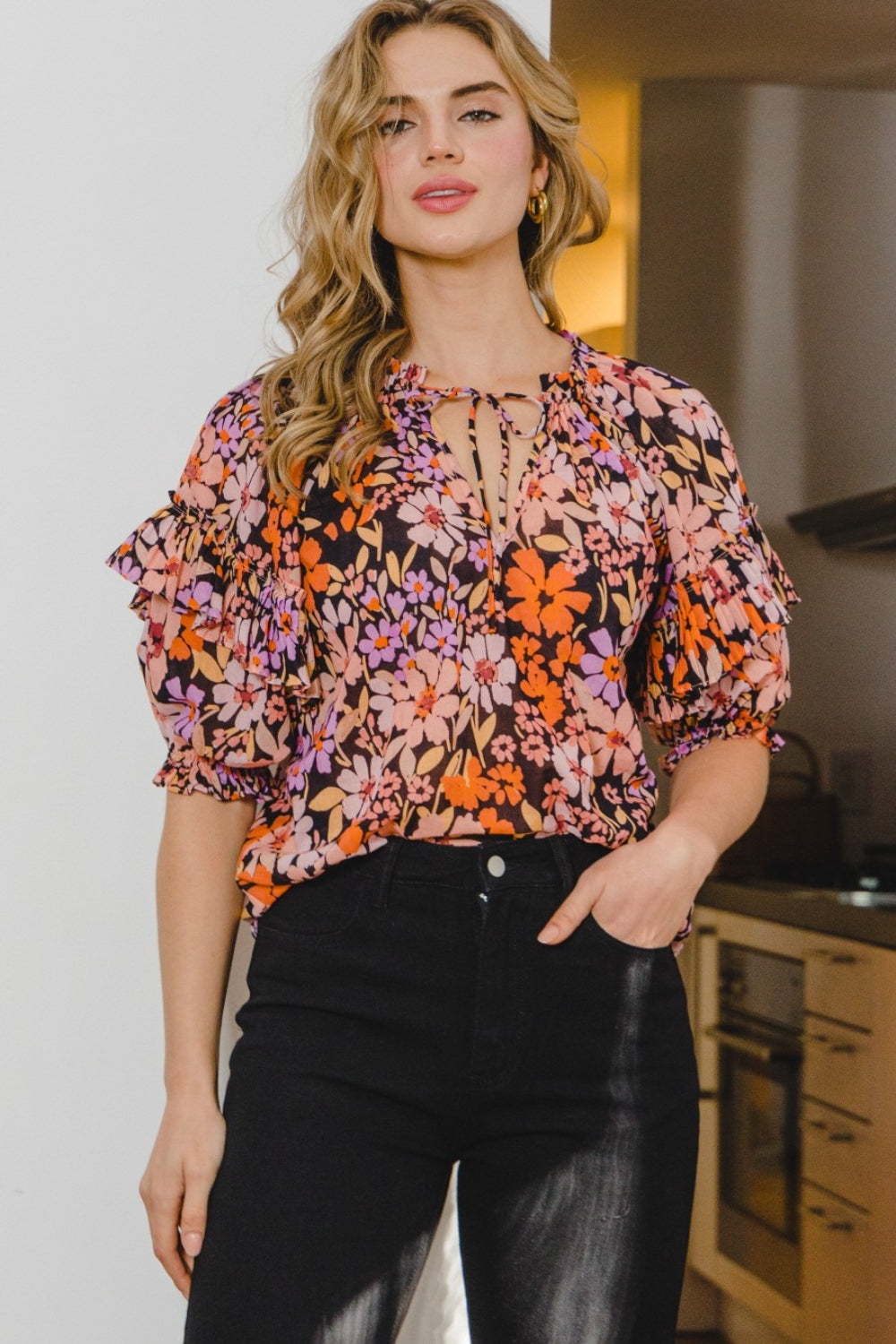 'Spirit' Floral Tie Neck Ruffled Blouse