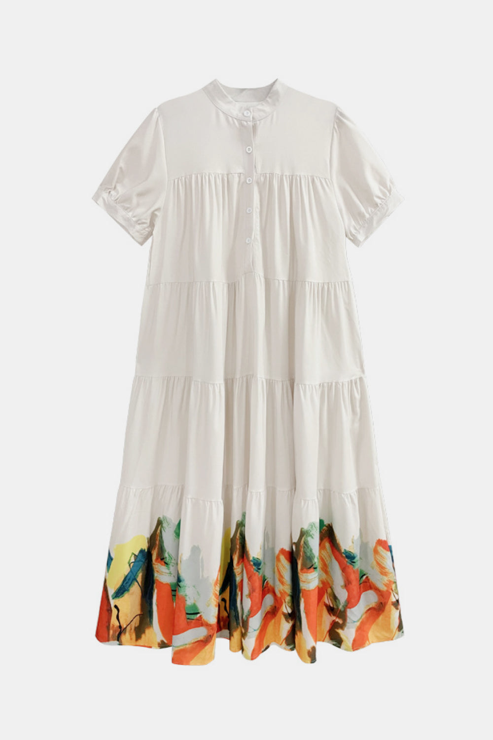 Printed Puff Sleeve Tiered Maxi Shirt Dress