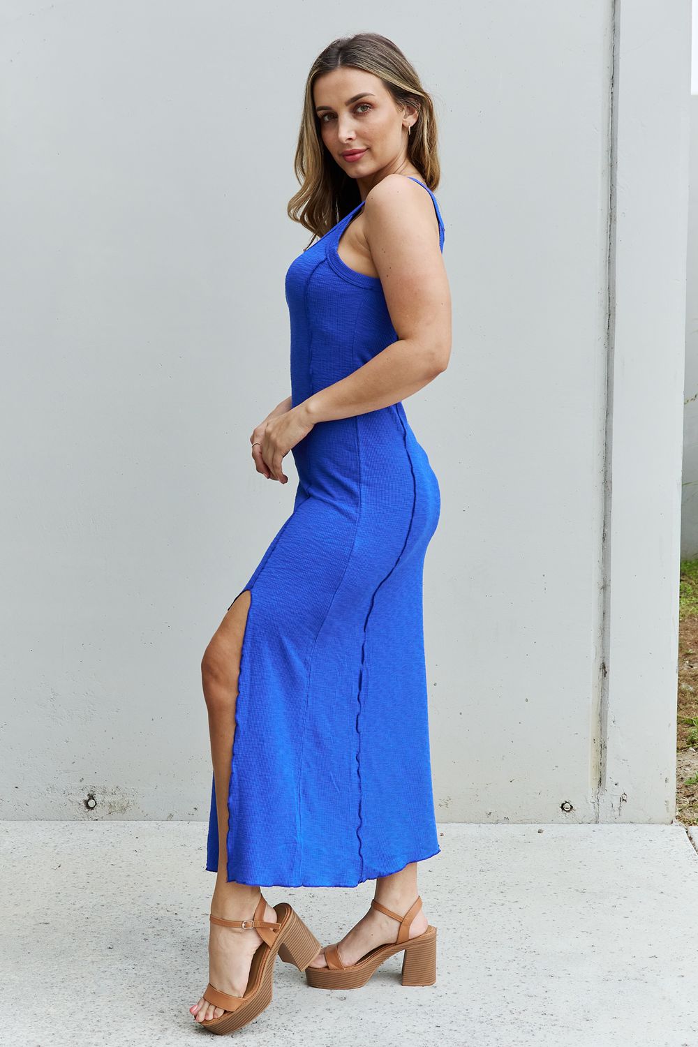 Look At Me Full Size Notch Neck Maxi Dress with Slit in Cobalt Blue