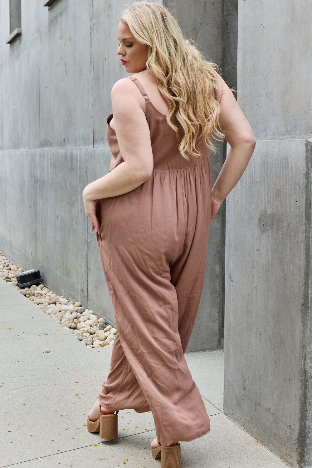 HEYSON All Day Full Size Wide Leg Button Down Jumpsuit in Mocha