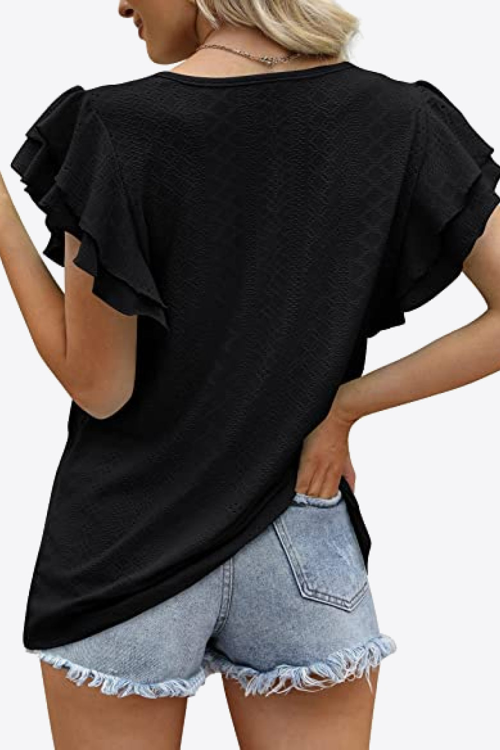 Round Neck Layered Flutter Sleeve Blouse