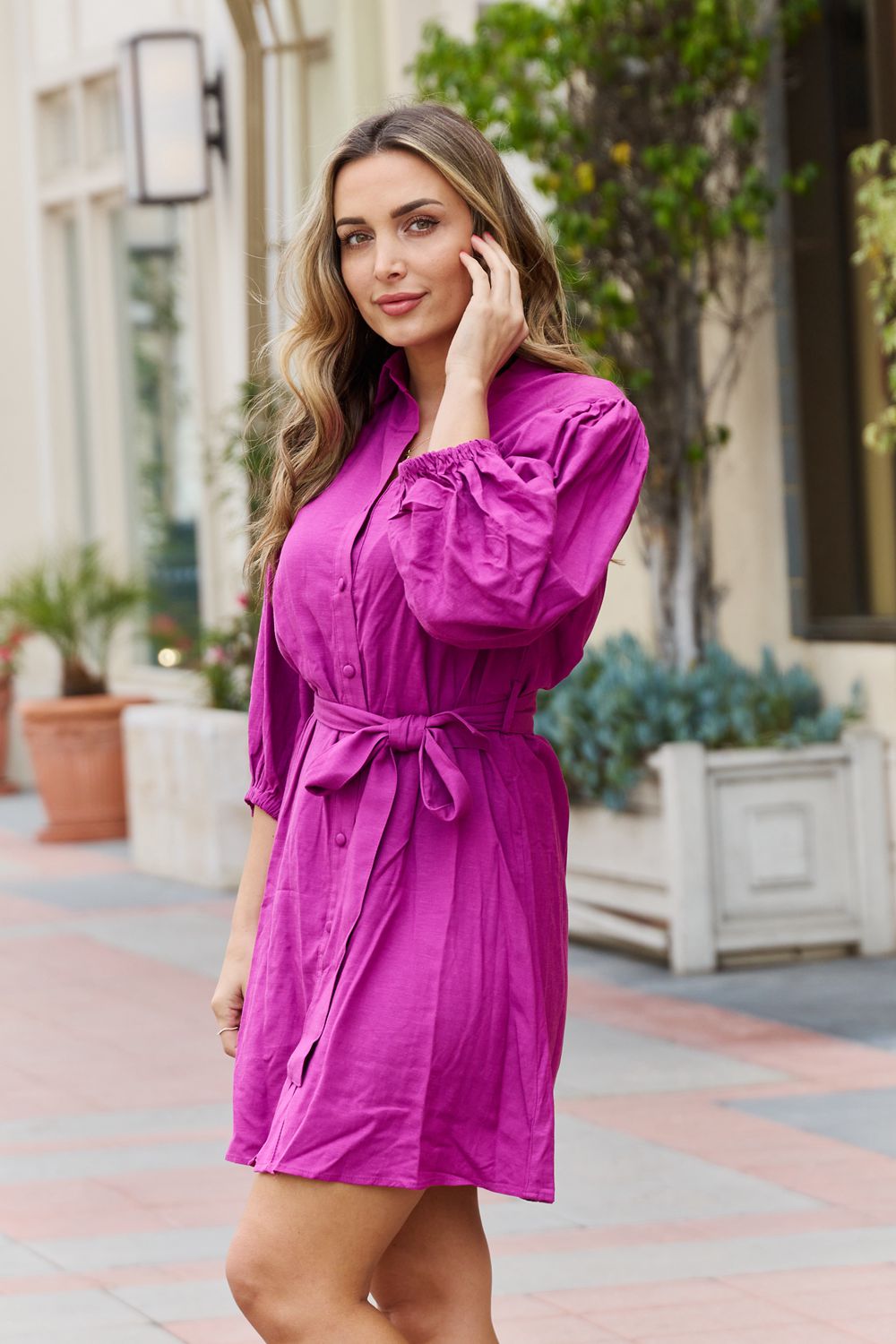 Hello Darling Full Size Half Sleeve Belted Mini Dress in Magenta