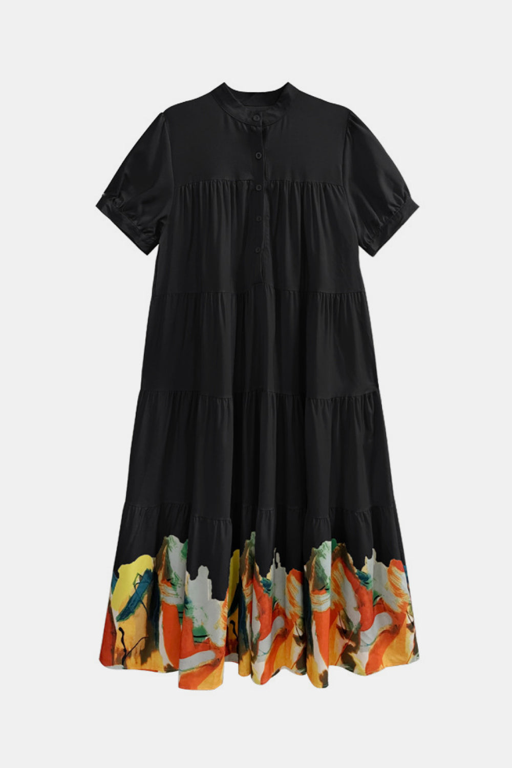 Printed Puff Sleeve Tiered Maxi Shirt Dress