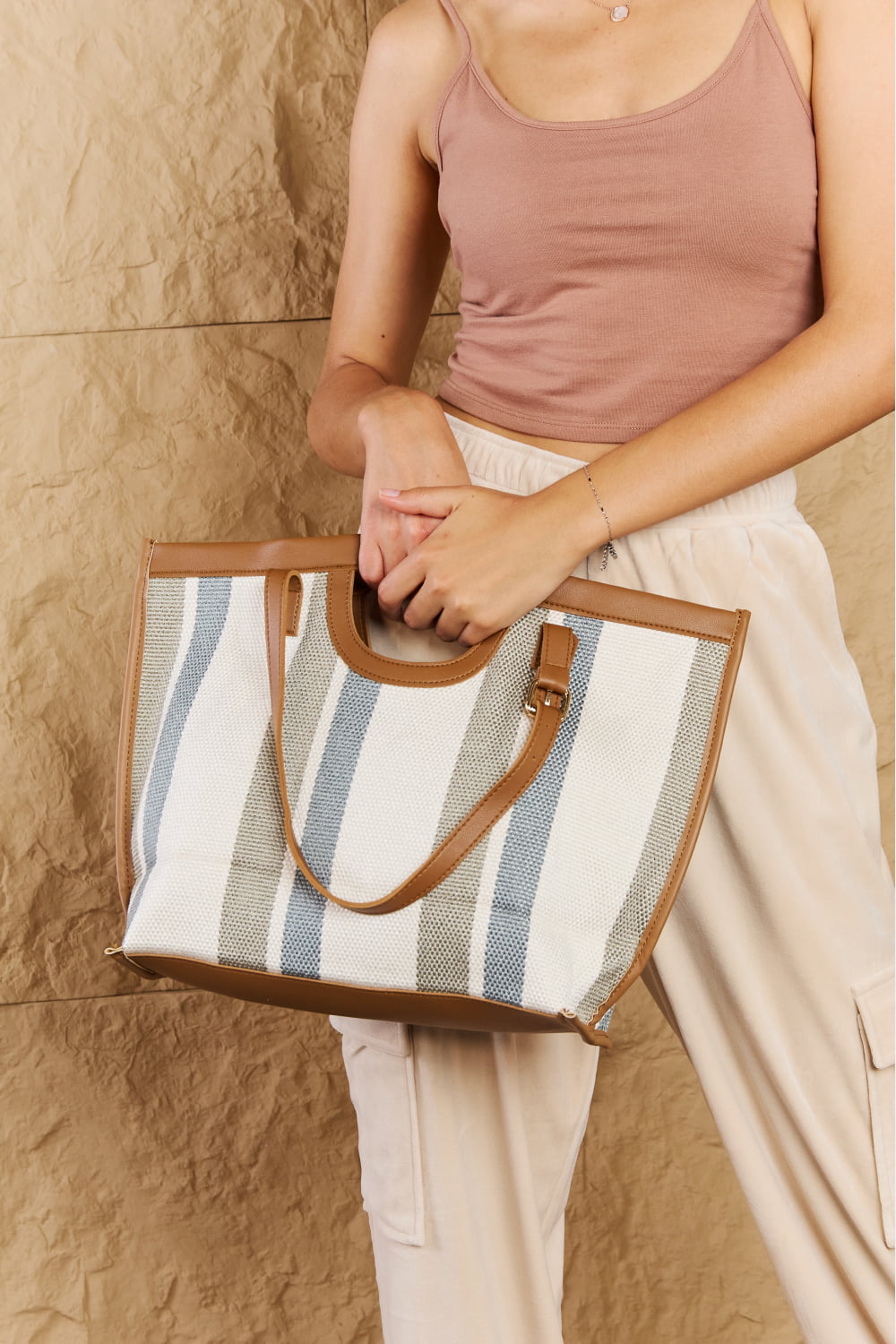 Striped In The Sun Faux Leather Trim Tote Bag