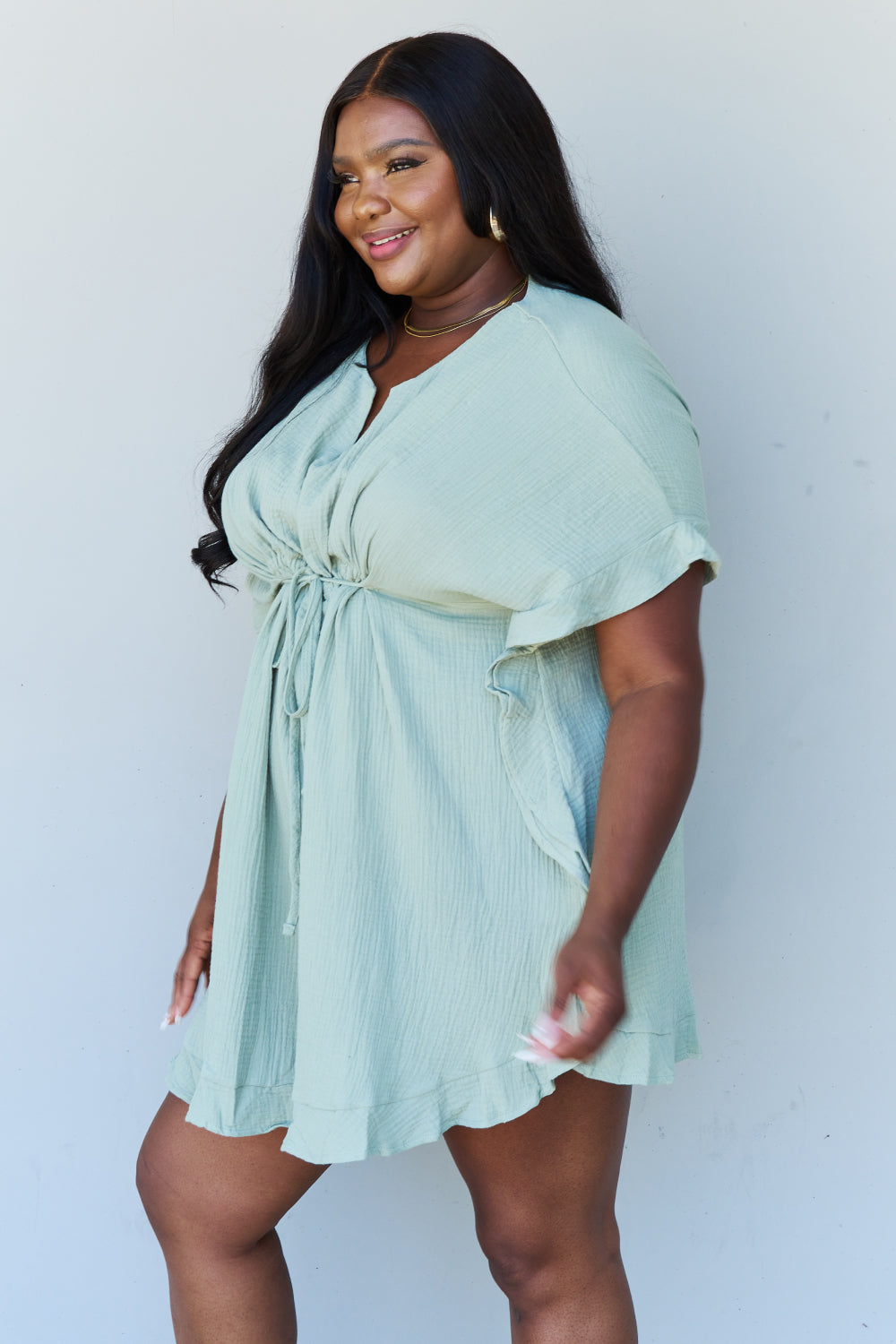 Out Of Time Ruffle Hem Dress with Drawstring Waistband in Light Sage