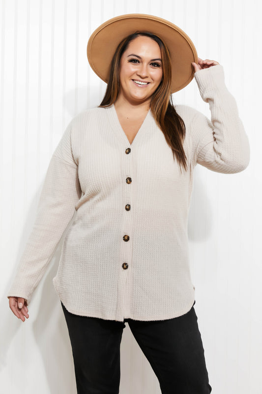 “Home at Last” Waffle Knit Button Down Cardigan