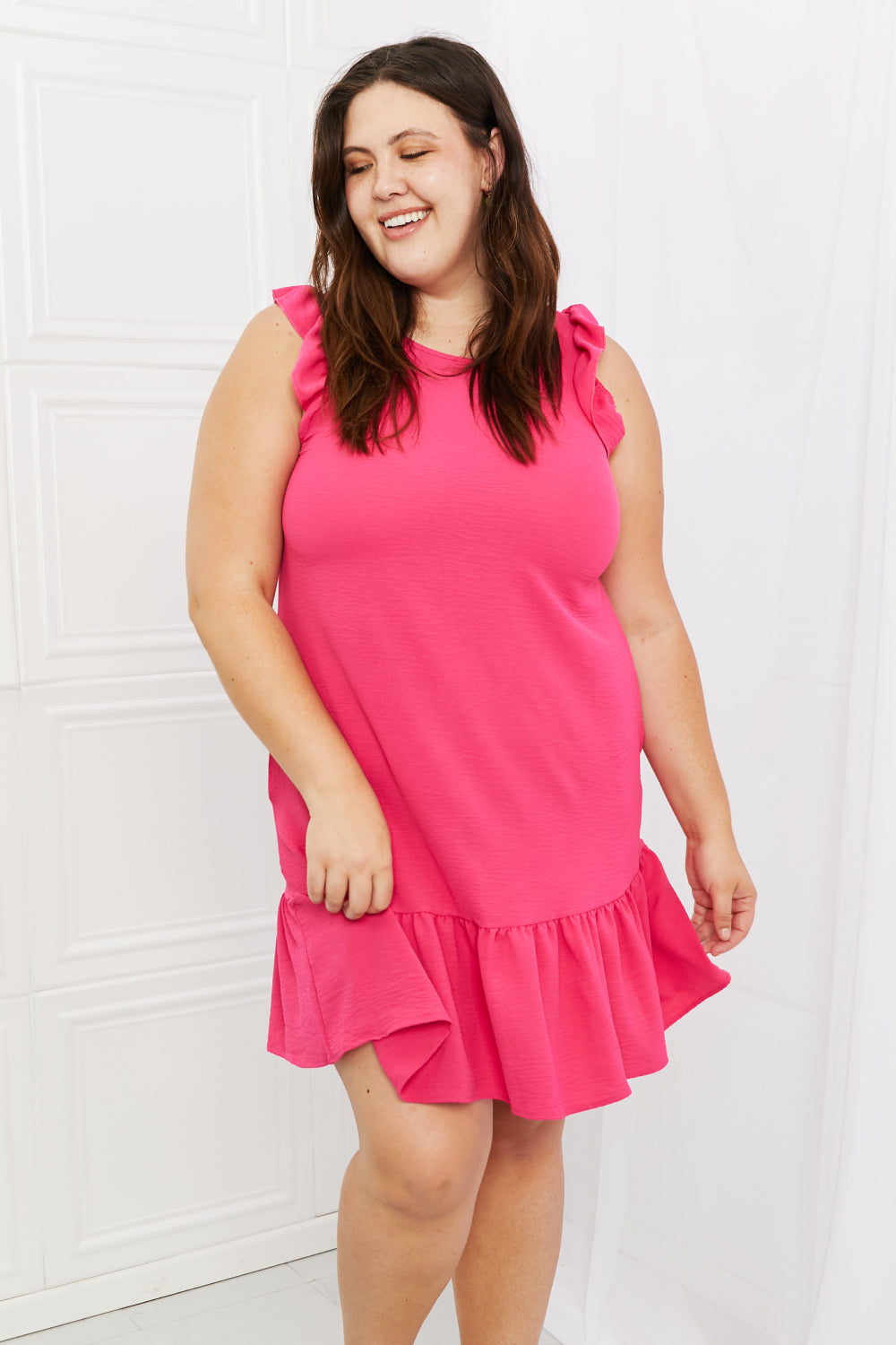 On The Daily Full Size Ruffle Mini Dress in Hot Pink