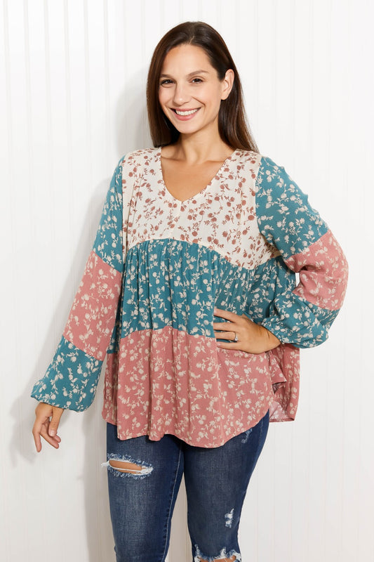 Contrast Floral Babydoll Blouse