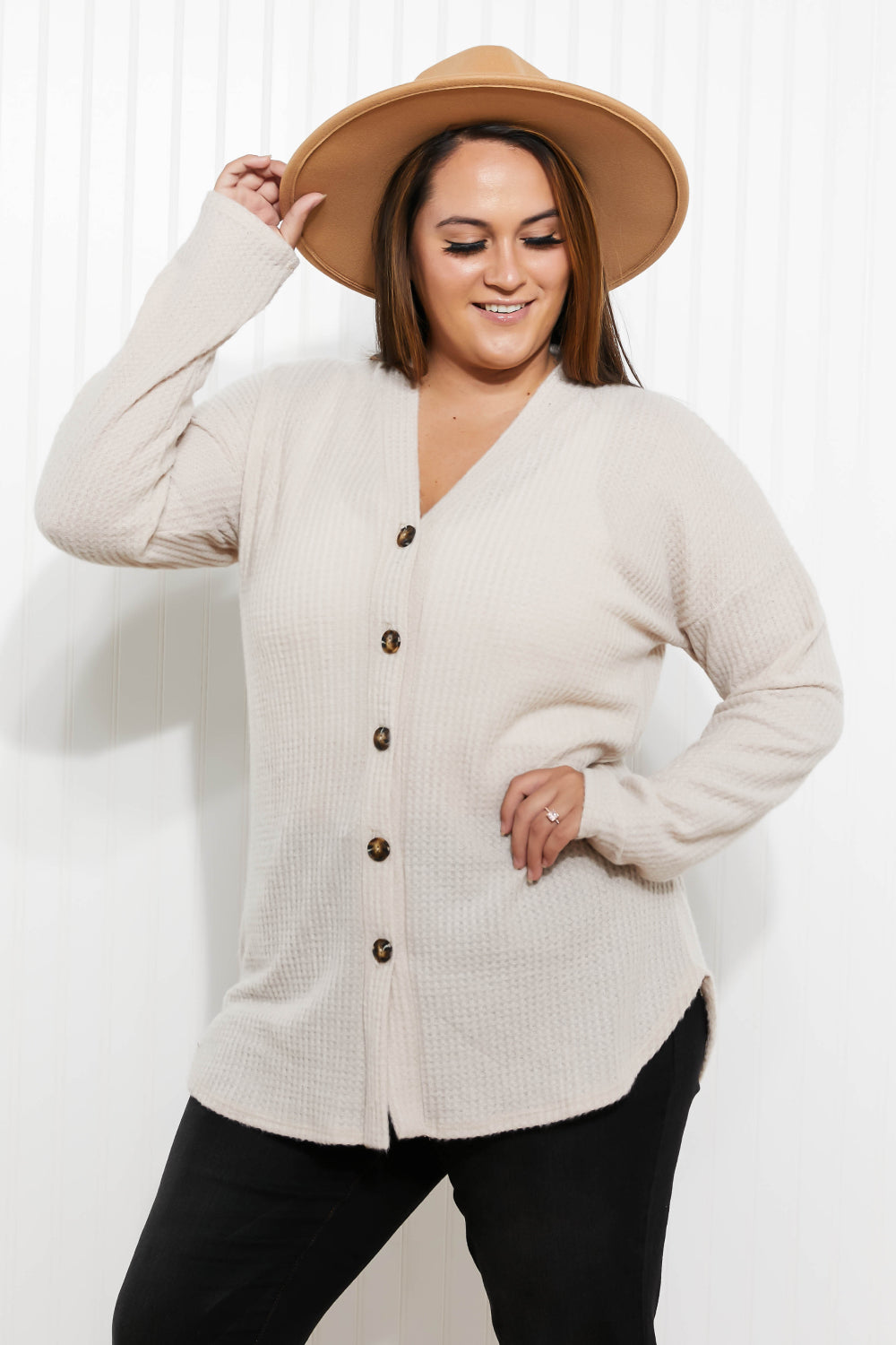 “Home at Last” Waffle Knit Button Down Cardigan