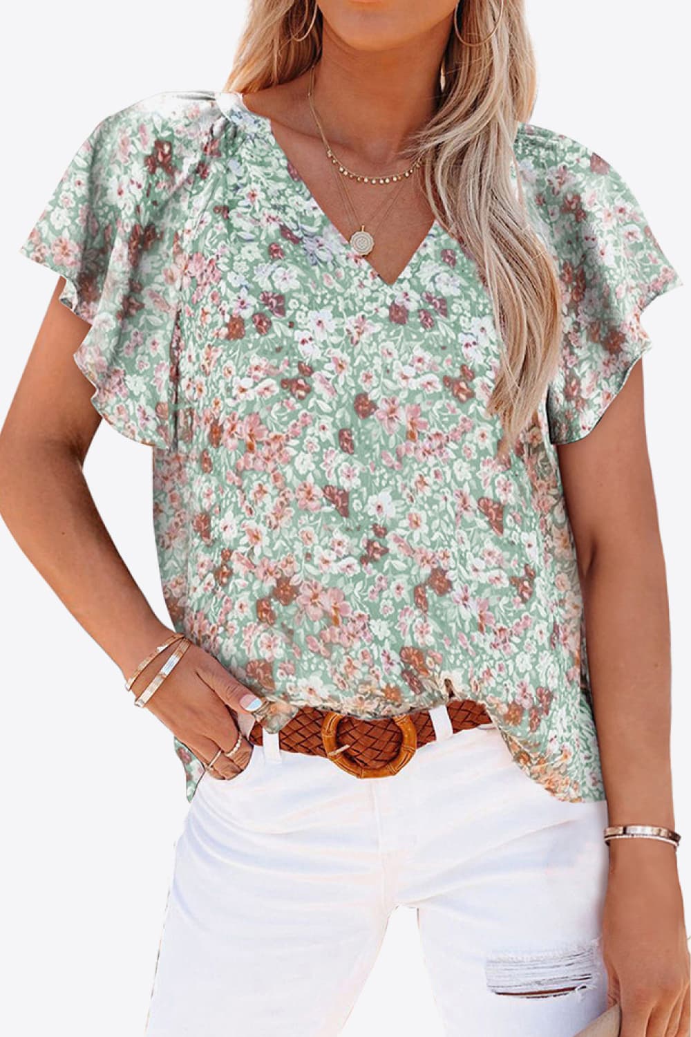 Floral V-Neck Flutter Sleeve Blouse