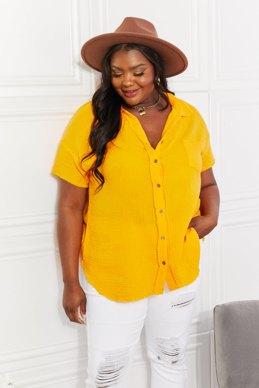 “Summer Breeze” Gauze Short Sleeve Shirt in Mustard