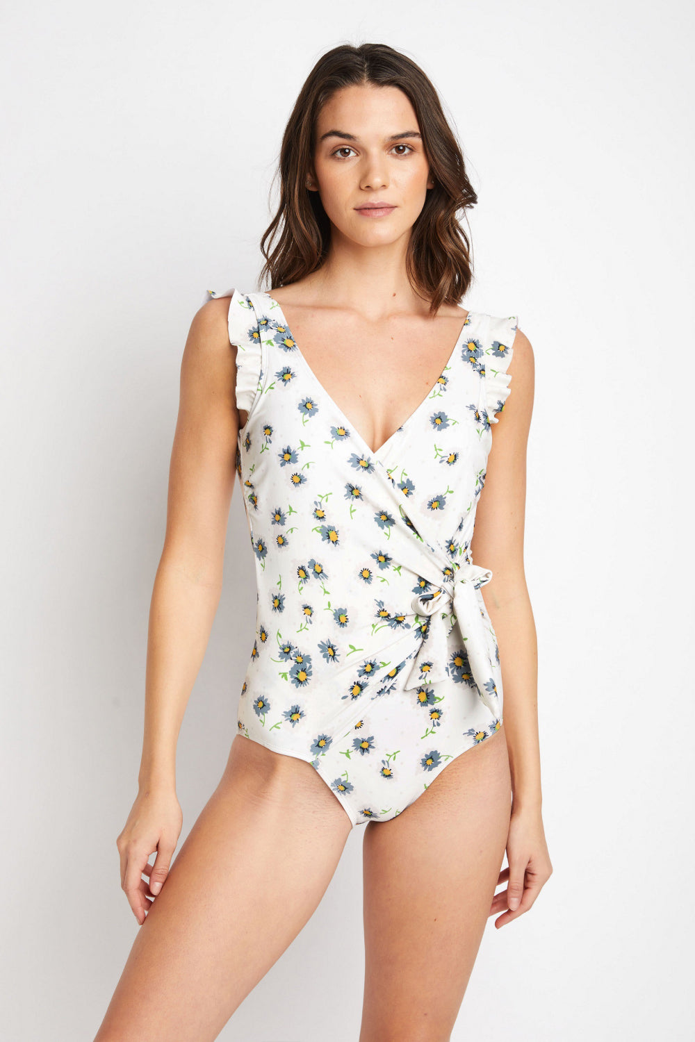 Swim Float On Mommy & Me Ruffle Faux Wrap One-Piece in Daisy Cream