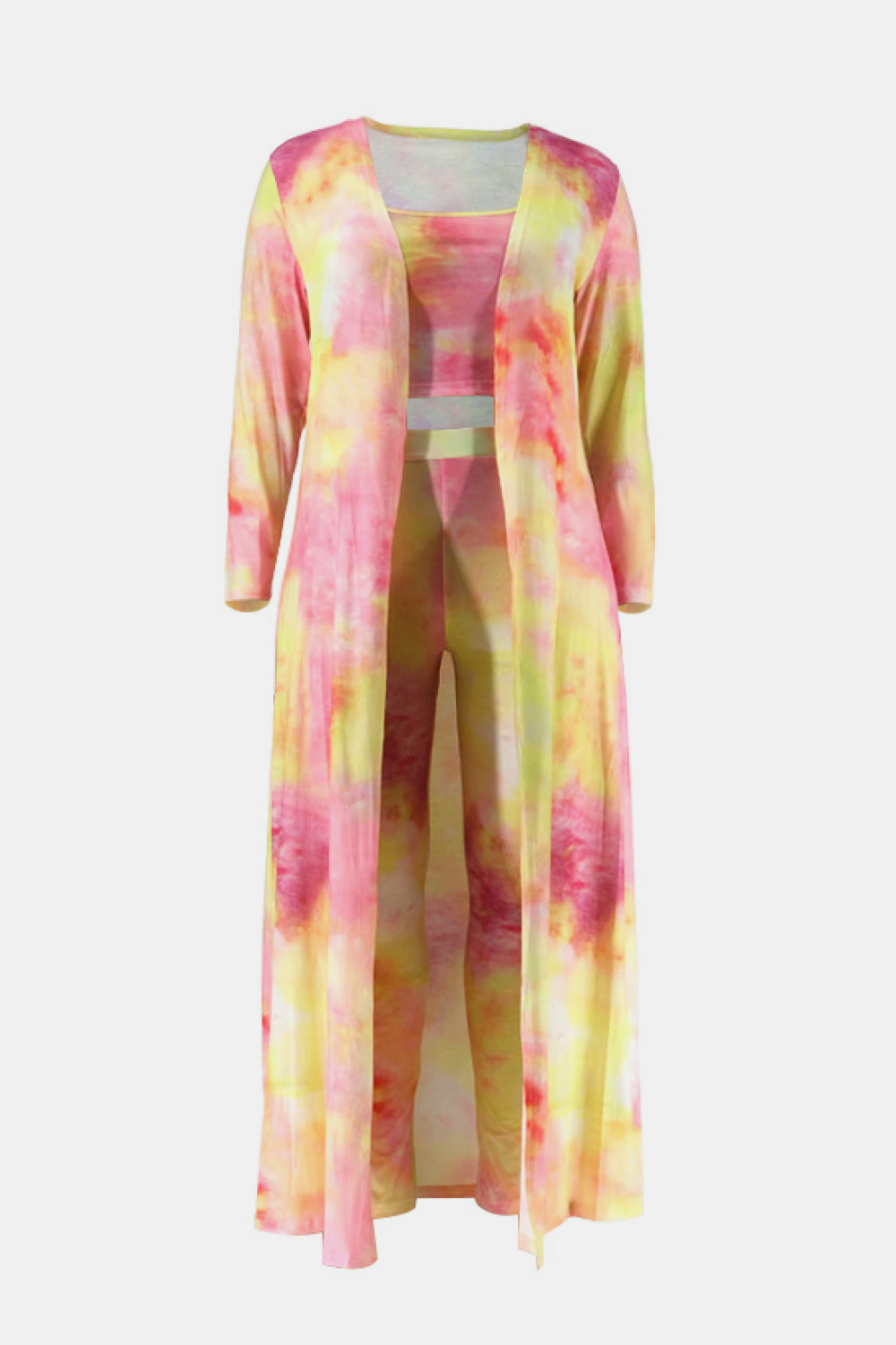 Plus Size Tie-Dye Sports Bra, Leggings, and Duster Kimono Set