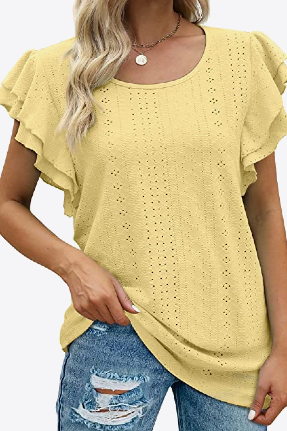 Round Neck Layered Flutter Sleeve Blouse