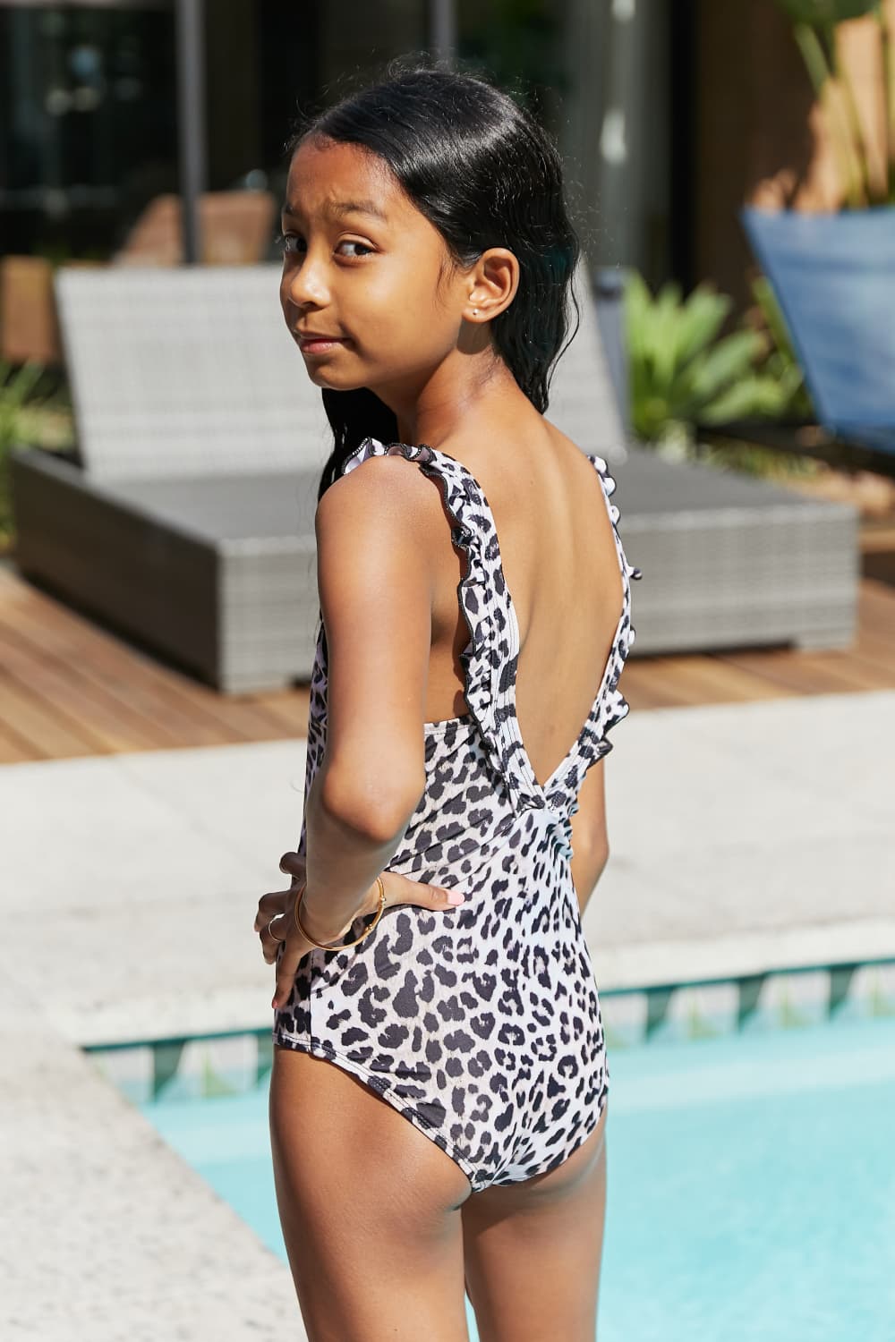 Float On Mommy & Me Ruffle Faux Wrap One-Piece in Leopard