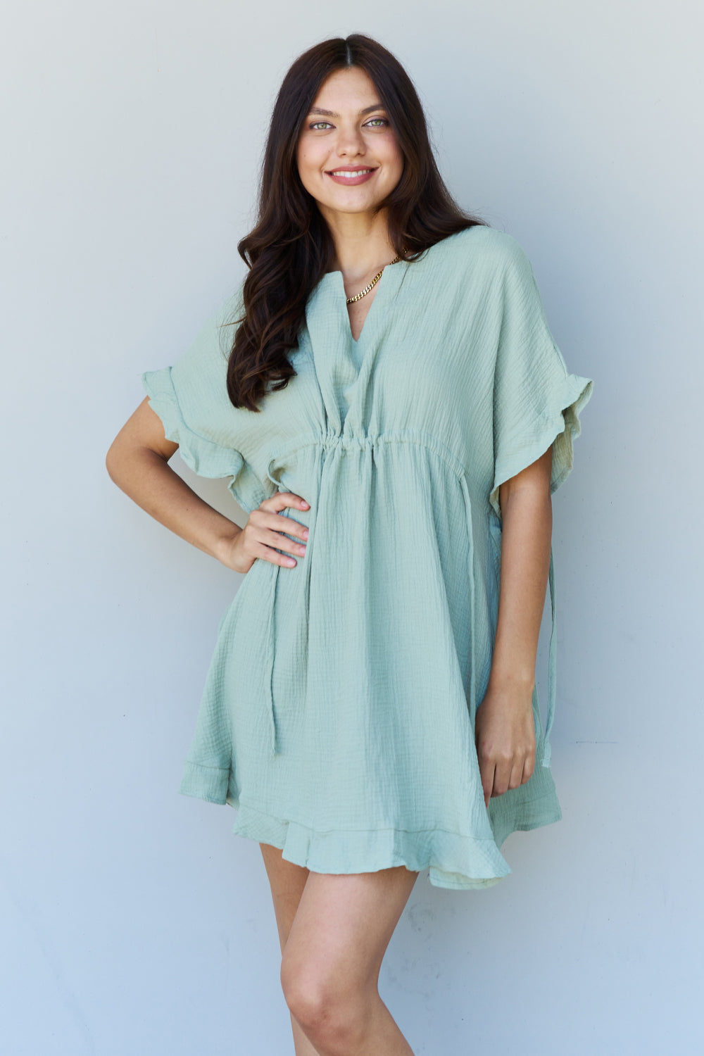 Out Of Time Ruffle Hem Dress with Drawstring Waistband in Light Sage