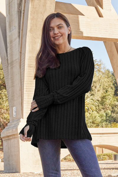 Basic Bae Full Size Ribbed Round Neck Long Sleeve Knit Top