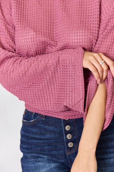 Waffle-Knit Round Neck Long Sleeve Blouse