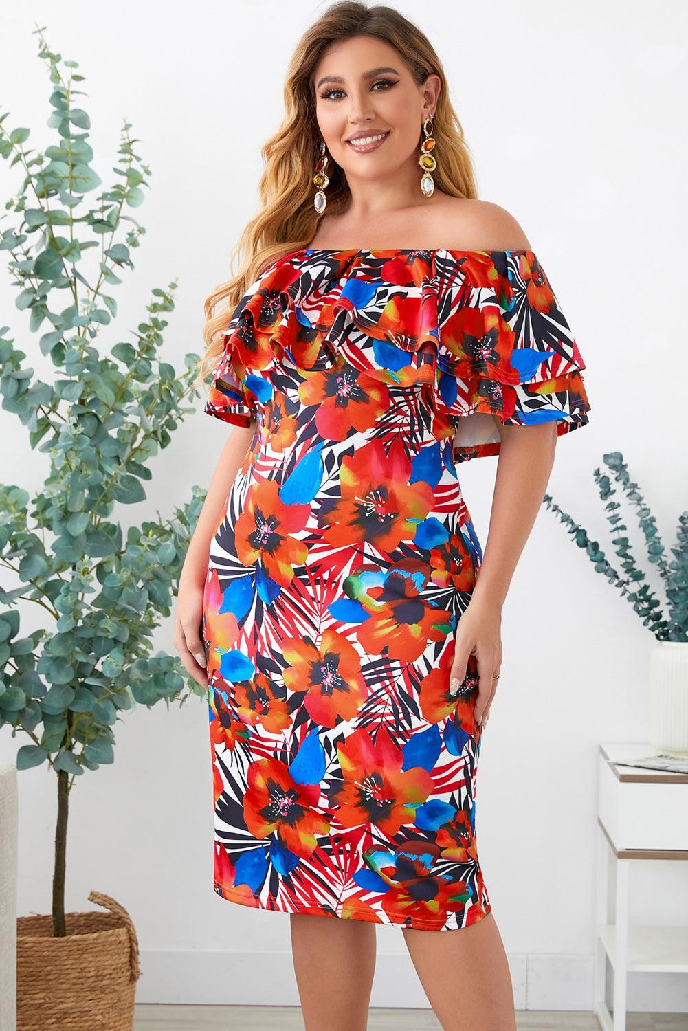 Plus Size Floral Off-Shoulder Layered Dress