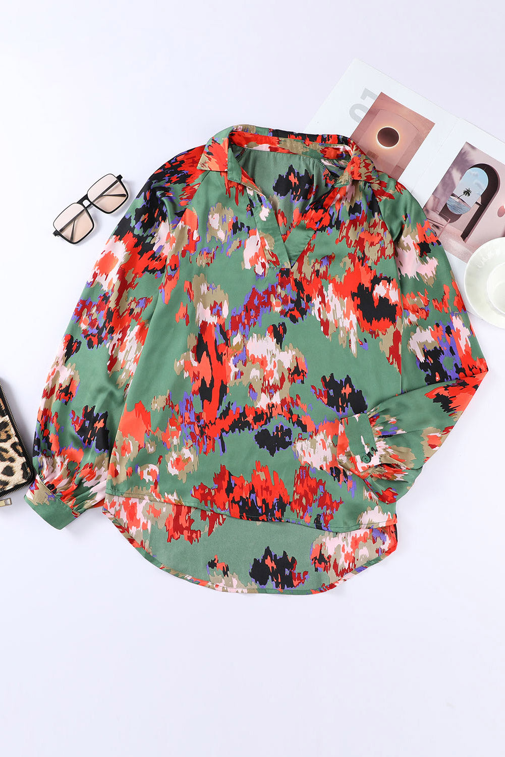 Printed Johnny Collar Raglan Sleeve Blouse